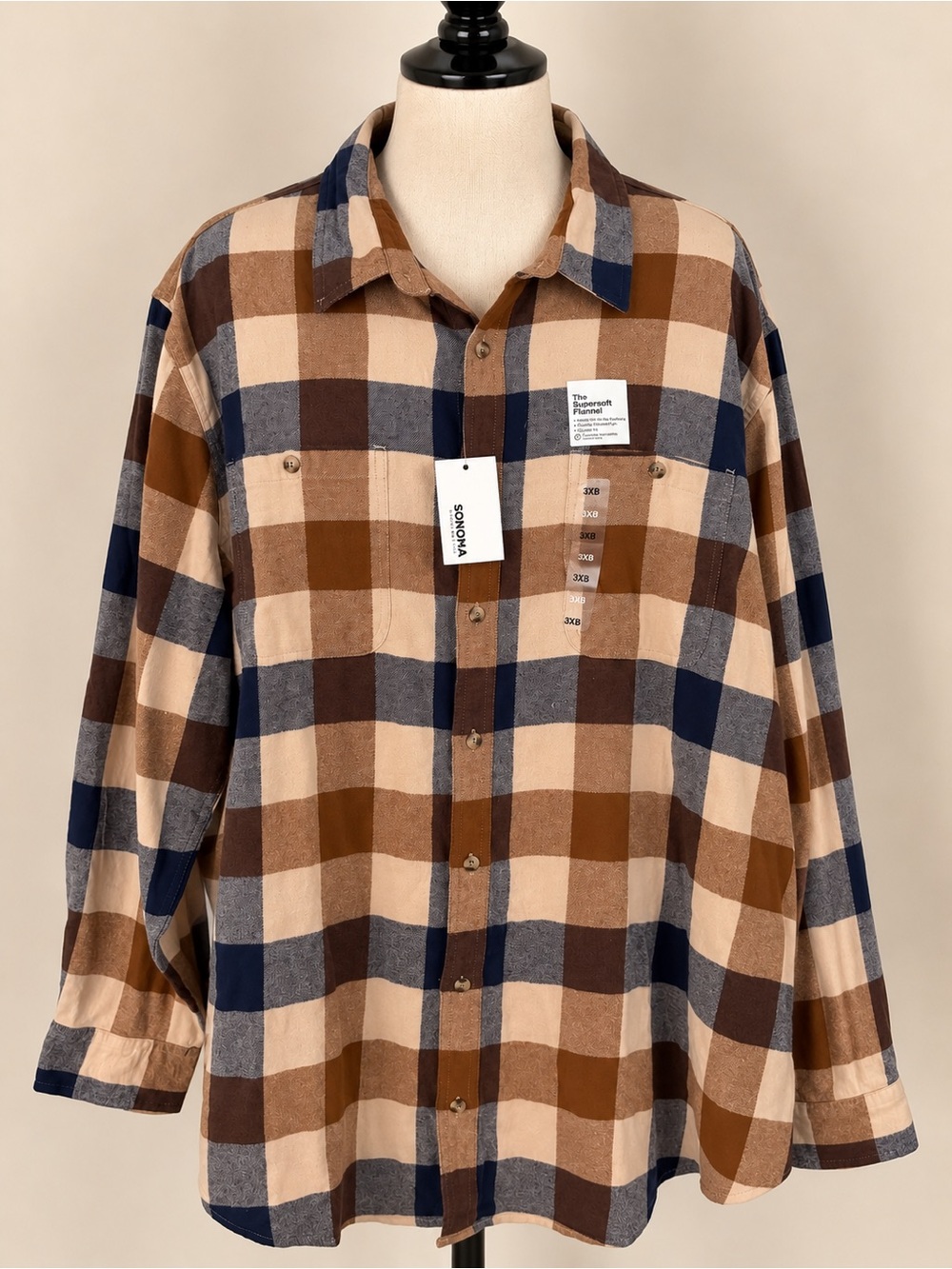 NWT Men’s 3XB Supersoft Plaid Flannel Shirt Brown Navy
